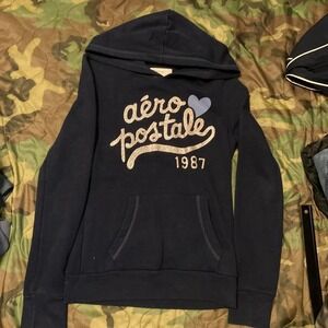 Aeropostale navy babydoll hoodie glitter fleece vtg Y2K size M/16.5